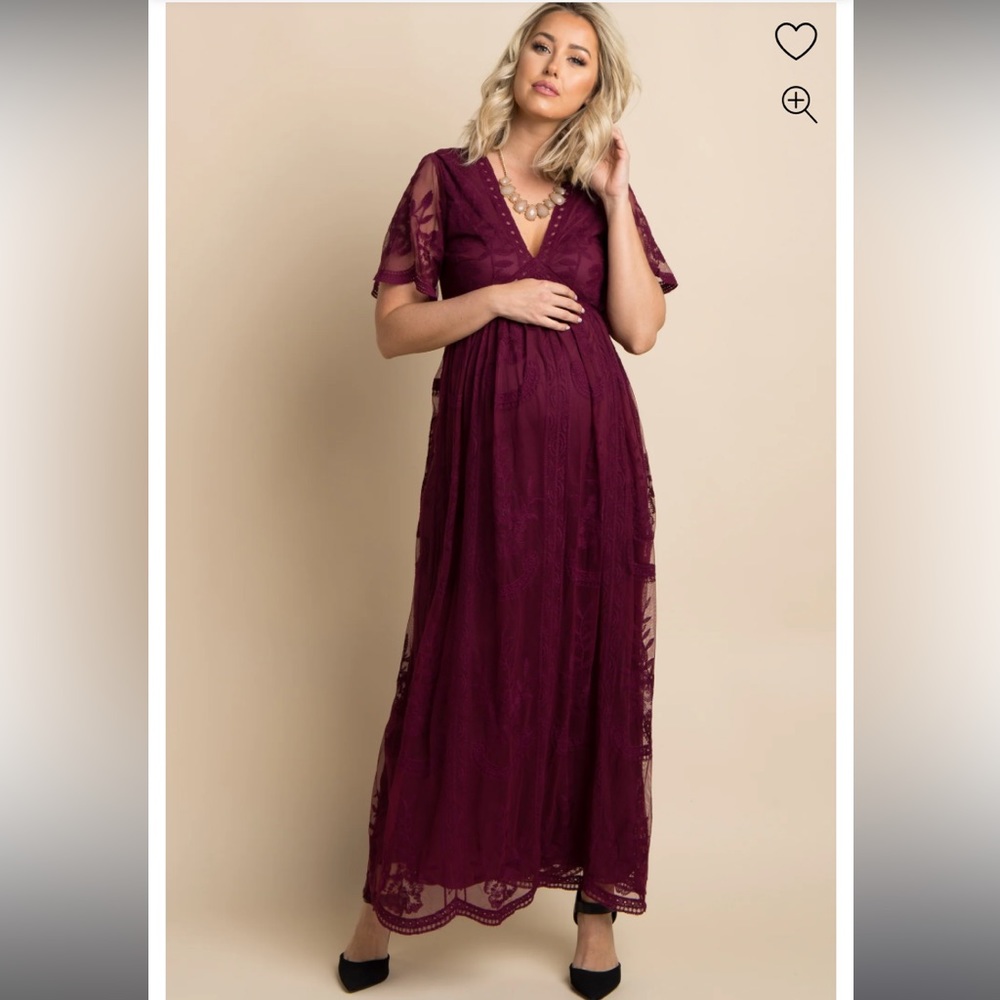 Pinkblush burgundy lace mesh overlay maternity maxi dress